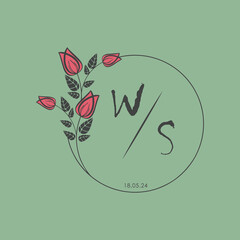 initial monogram wedding with creative circle line flower.