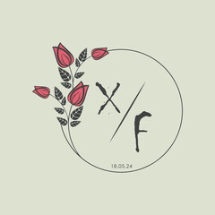 initial monogram wedding with creative circle line flower.