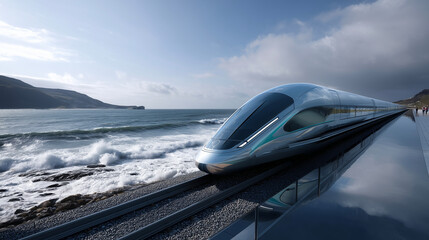 Maglev Train Gliding Along a Scenic Coastal Railway