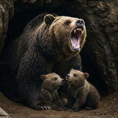 Obraz premium A roaring brown bear and her cubs in the den