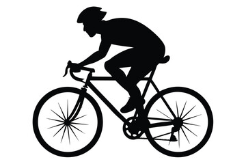 Naklejka premium Black Silhouette of Cyclist with Helmet on Road Bike Pedaling, Isolated on White