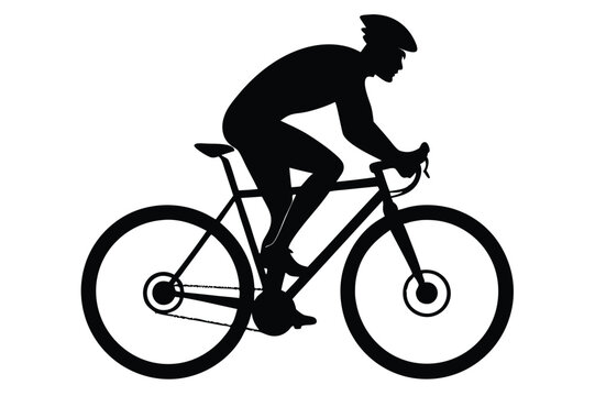 Cyclist Black Silhouette, Man with Helmet on Bicycle, Isolated on White Background