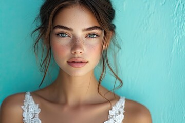 tender bride woman 20 years old in beautiful white wedding dress standing looking at camera isolated on blue turquoise background studio portrait.