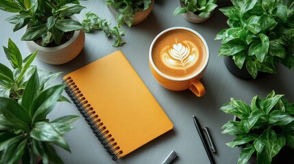 Overhead image of a productivity-focused layout with coffee, laptop, bullet journal, and plant arranged in minimalist symmetry 