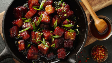 Cantonese style glazed pork belly with green onions in dark sauce, Asian braised meat cubes in skillet