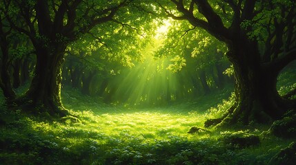 Sunlit glade in a lush green forest.