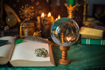 A beautifully arranged witch altar scene featuring glowing candles, ancient tarot cards, a crystal ball, and magical ritual tools. This atmospheric composition evokes the essence of mystical energy, s
