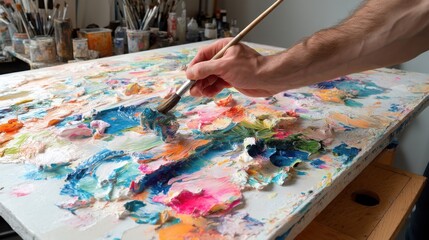 Bright splashes of color fill the palette as the brush glides across the canvas, crafting lively abstract strokes in a studio. Generative AI.