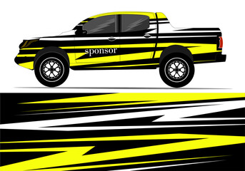 Stylized pickup truck design with bold yellow and black stripes, showcasing dynamic motion and branding