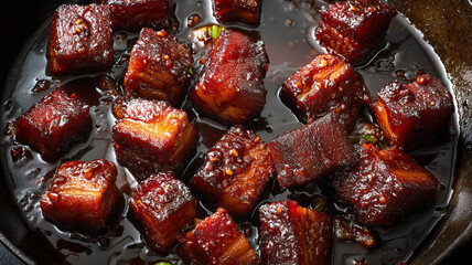 Braised pork belly cubes in dark sauce with visible red peppers and green onions cooking in black pan with thick glossy sauce