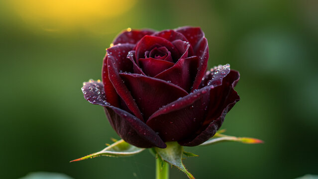Black Baccara Rose Dew Kissed Elegant Bloom Romantic Flower Close View