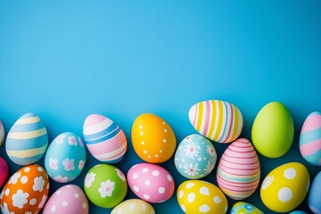 Fototapeta premium A vibrant collection of pastel Easter eggs, beautifully decorated with stripes, polka dots, and floral patterns, against a bright blue background.
