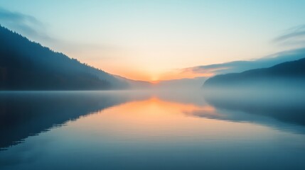 Fototapeta premium A misty lake reflects the pastel colors of dawn, creating a serene and mirror-like scene between forested hills at sunrise.