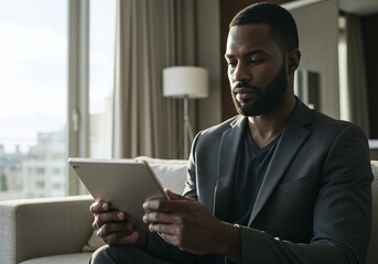A focused businessman using a tablet in a sophisticated setting. He appears concentrated on his digital device, possibly working