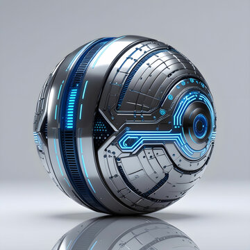 A highly detailed metallic robotic ball, featuring intricate mechanical parts, polished surfaces.