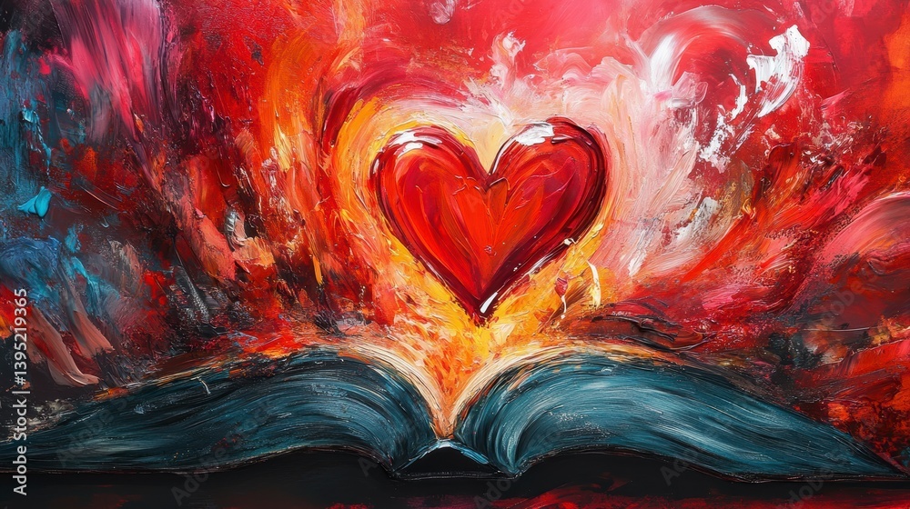 Poster abstract painting of a red heart emerging from an open book, surrounded by vibrant colors and brushs