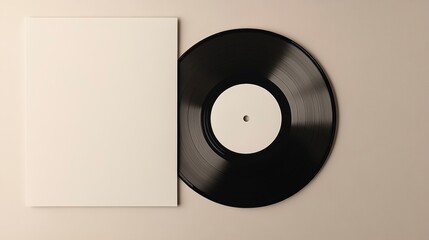 Black vinyl record with blank white sleeve on beige background.