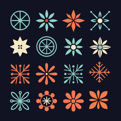 A grid of sixteen stylized snowflake and flower icons in muted colors against a dark background.
