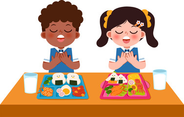 Grateful Children Enjoying Healthy School Lunch