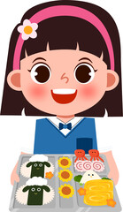 Happy Girl Presenting Adorable Bento Box with Animal-Shaped Rice Balls