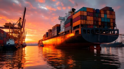 Fototapeta premium Container ship at port during sunset with colorful sky reflecting on water.