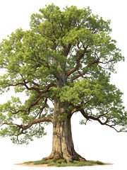 Realistic oak tree with detailed bark and lush green foliage in a serene natural setting  transparent, oak, tree, realistic, bark, green, foliage, natural, scenery, woodland, lush, leaves