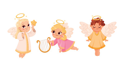 Cute Children Angels with Wings and Nimbus Vector Set