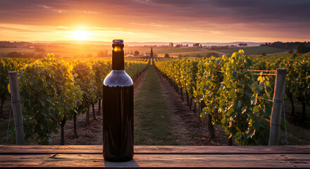 Dark Wine Bottle In Vineyard At Sunset