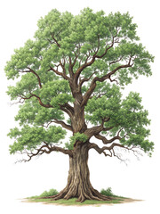 Realistic oak tree with detailed bark and lush green leaves in a natural setting  transparent, oak, tree, realistic, detailed, bark, natural, setting, branches, foliage, strength