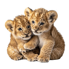 Obraz premium Adorable Lion Cubs Cuddling Together in Soft Light with Playful Expressions on White background