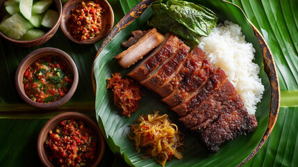 Babi kecap with rice and assorted sides on banana leaf, Indonesian braised pork belly with sweet soy sauce