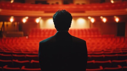 A lone figure stands facing an empty theater with red seating, evoking dreams, anticipation, and the allure of the stage.