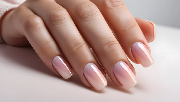 Closeup female hand with perfect pink nude gradient ombr&eacute; manicure. Elegant French fade, baby boomer nails. Beauty salon nail care concept.