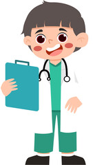 Cheerful Cartoon Doctor Boy with Clipboard and Stethoscope