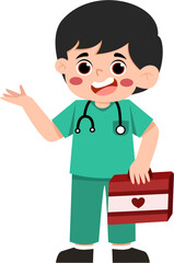 Smiling Boy Doctor with First Aid Kit, Gesturing Welcome