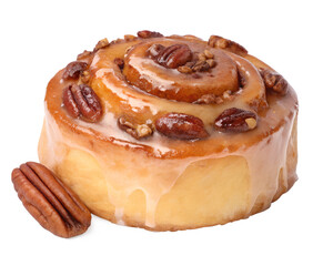 Delicious sticky bun topped with caramelized pecans on a white background transparent, sticky, bun, caramelized, pecans, pastry, dessert, sweet, treat, baked, goods, cinnamon,