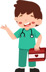 Smiling Boy Doctor with First Aid Kit, Gesturing