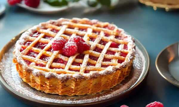 High-resolution photography of a Linzer Torte with a delicate lattice design, filled with raspberry jam, served with a cup of espresso and a few raspberries
