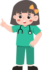 Smiling Girl Doctor in Teal Scrubs Pointing Upward