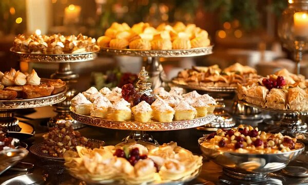 A festive dessert table featuring Borma, Baklava, and other Middle Eastern sweets, decorated with nuts and dried fruits