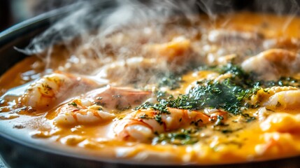 Close up cinematic shot of steaming moqueca with textured seafood and herbs in creamy orange broth HDR richness created with Generative AI technology