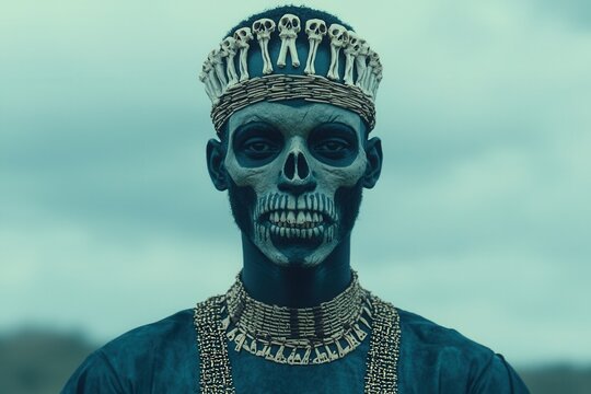 A wildman wearing a headdress made of animal bones and leather straps, standing in a stormy savannah, cinematic effect.