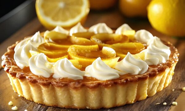 High-resolution photography of a Lemon Tart with a glossy, lemony topping and a touch of whipped cream, placed on a rustic table with lemon rinds in the background
