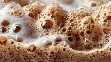 Close-up macro shot of rich brown frothy coffee crema with many air bubbles and textures showing detail.