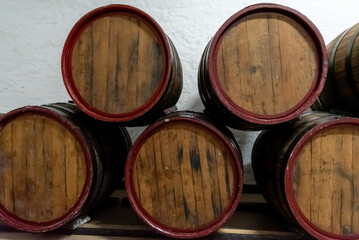 old wooden wine barrels close up