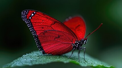 Fototapeta premium Vibrant red butterfly perched on a green leaf