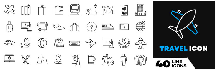 Travel and Tourism set of web icons in line style.Travel and vacation icons for web and mobile app. Airport, tickets, tour, relax, hotel, recreational rest, service. Vector illustration