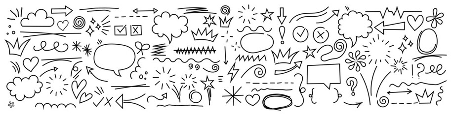 Cute line sketch star, arrow, cloud decoration element icon set. Hand drawn sketch doodle cute star, heart, flower element. Line text decoration scribble shape icon. Hand drawn Vector illustration.