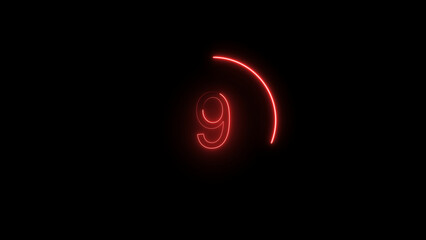 3d workout countdown timer illustration from 9, featuring a glowing red circle and bold numbers on a Black background. perfect for fitness, exercise, and training illustration.