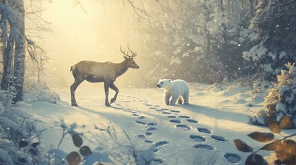 Naklejka premium winter wonderland deer and polar bear encounter